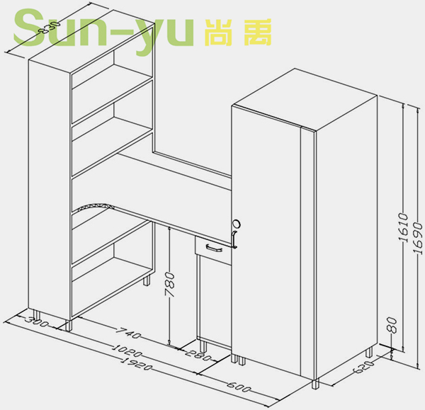 单人高架床-中梯-定制组合桌柜设计图 