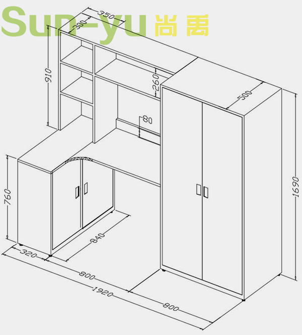 单人高架床-中梯-定制组合桌柜设计图